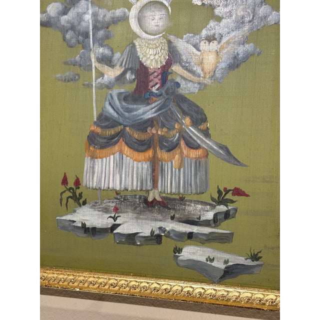 Beautiful post-1950 original oil on wood depicting a mystical moon-faced female figure beneath a clouded horns,...