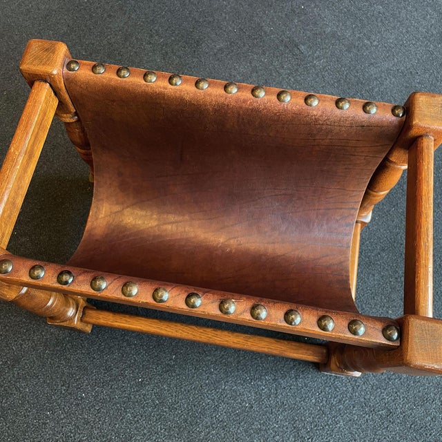 Dutch Wood Magazine Rack with Leather Sling, 1970s For Sale - Image 4 of 12