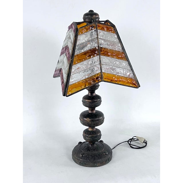Brown Large Brutalist Thick Glass and Metal Table Lamp by Longobard, Italy, 1970s For Sale - Image 8 of 18