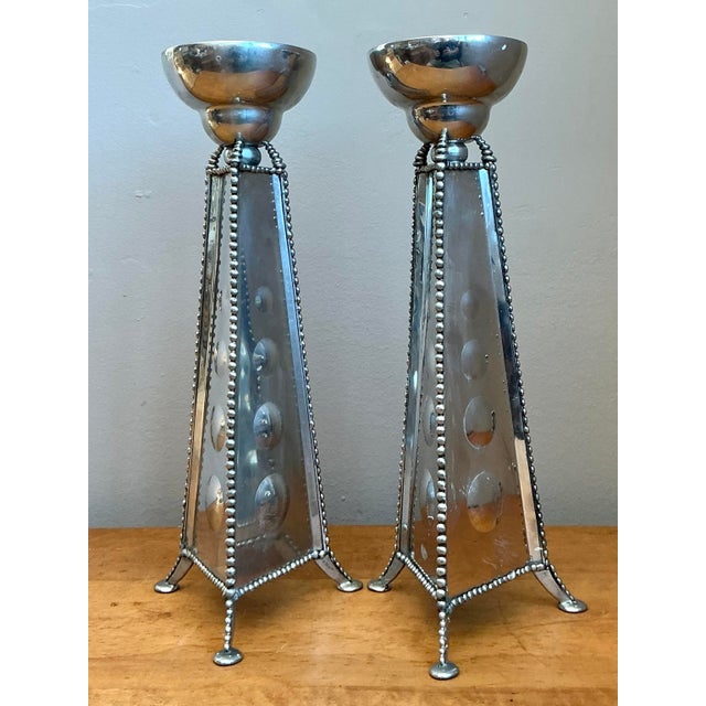 Contemporary Vintage 1994 Signed Mirrored Candlestick Holders - A Pair For Sale - Image 3 of 12
