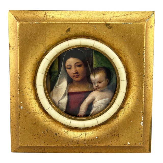 Late 20th Century Gilt Italianate Picture Frame With Stone Liner and Madonna and Child Print For Sale