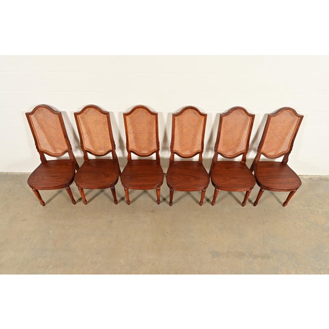 Karges Style French Regency Louis XVI Carved Solid Teak and Cane Back Dining Chairs, Set of Six For Sale In South Bend - Image 6 of 14