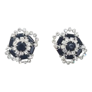 Vintage Signed Hattie Carnegie Rhodium Plated Faux-Onyx & Clear Rhinestone Clip Earrings - 2 Pieces