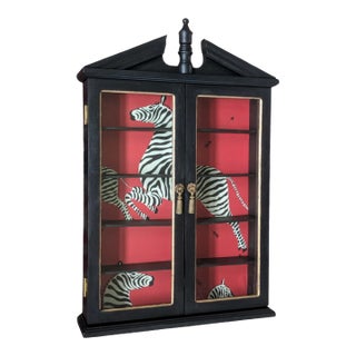 Custom Made House of Scalamandre Zebras Black and Gold Wall Curio Cabinet For Sale