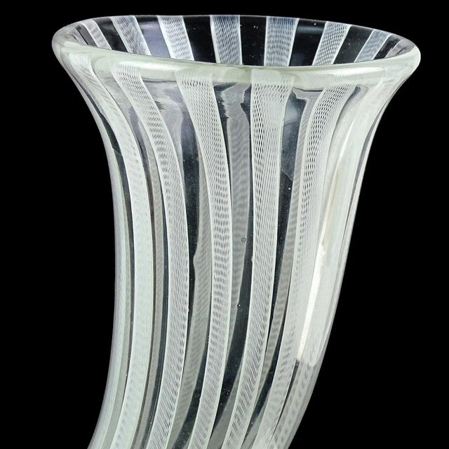 Glass Vintage Venini Bianconi Murano Signed Zanfirico Ribbons Pasta White Italian Art Glass Cornucopia Vase For Sale - Image 7 of 12