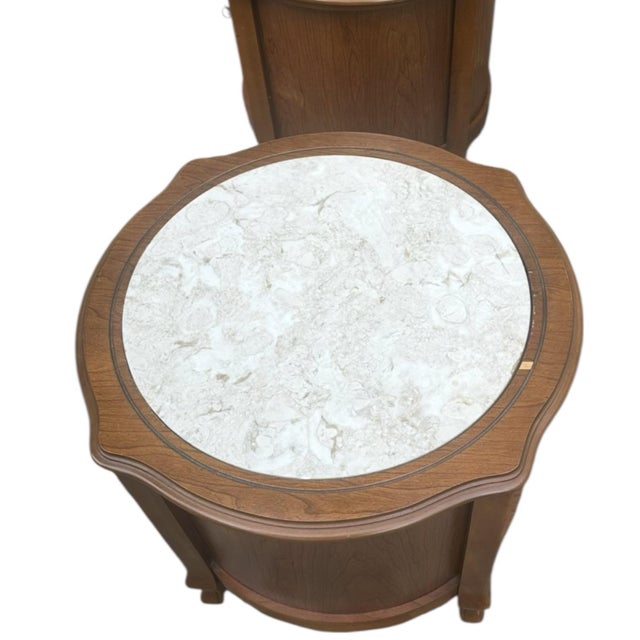 1950s Set of Walnut French Provincial Round Cabinets With Inlaid Marble Tops For Sale - Image 11 of 11