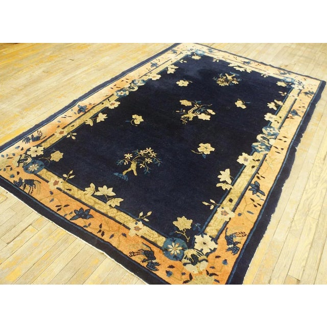 Art Deco 1900s Navy Floral Traditional Antique Chinese Peking Carpet Wool Knotted Rug For Sale - Image 3 of 14