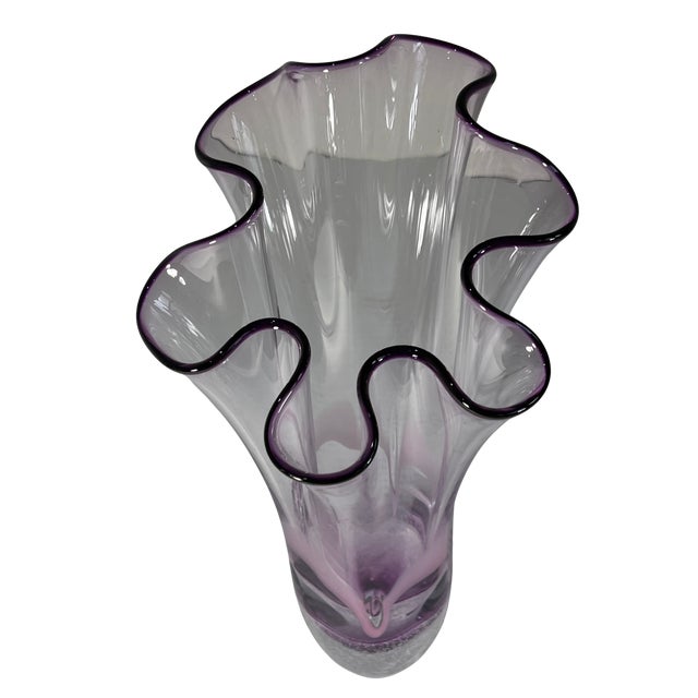 Murano 11 3/4 In. Vintage 24 % Lead Crystal Amethyst Purple Art Glass Handkerchief Ruffle Vase For Sale - Image 4 of 17