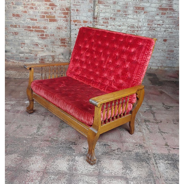 Red 1900s Vintage American Oak Antique Morris Settee With Red Velvet Cushions For Sale - Image 8 of 8