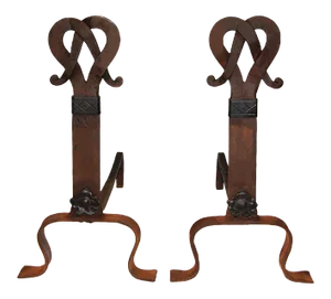Antique Andirons With Celtic Knot Design Finials - A Pair