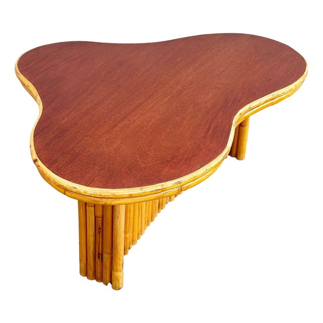 1950s Restored Large Mid-Century Biomorphic Amoeba Rattan & Mahogany Coffee Table For Sale