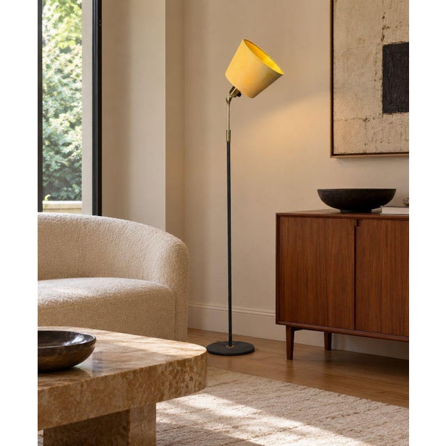 Boréns, Swedish Mid-Century Modern, Adjustable Floor Lamp, Lacquered Metal, Brass, Sweden, 1950s A sculptural floor lamp...