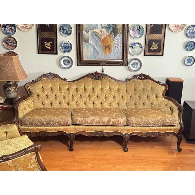 Elegant three-piece vintage seating set in the French Provincial / Louis XV style, consisting of one carved wood sofa and...