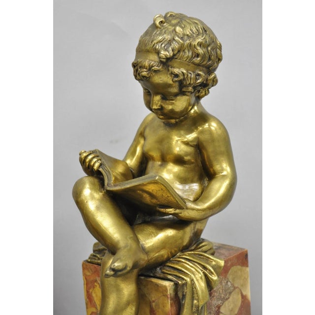 Stone Antique French Louis XV Bronze Putti Children "Arts & Literature" Figures - Pair For Sale - Image 7 of 18