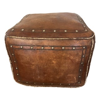 Tooled Leather Ottoman Plain With Nailheads Antique Brown For Sale