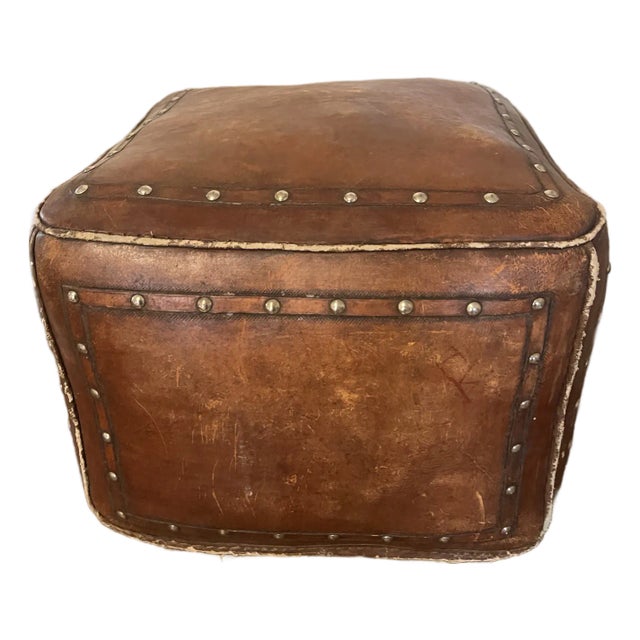 Tooled Leather Ottoman Plain With Nailheads Antique Brown For Sale