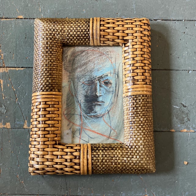 1970’s Vintage Small Abstract Portrait Pastel/ Charcoal Drawing Rattan Tabletop Frame For Sale - Image 4 of 4