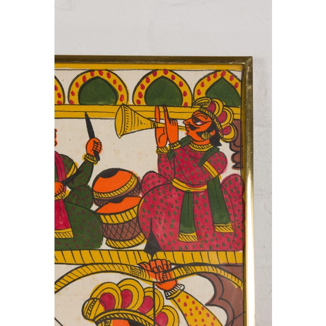Antique Hand Painted Indian Folk Art Musicians & Archers Painting For Sale - Image 9 of 12