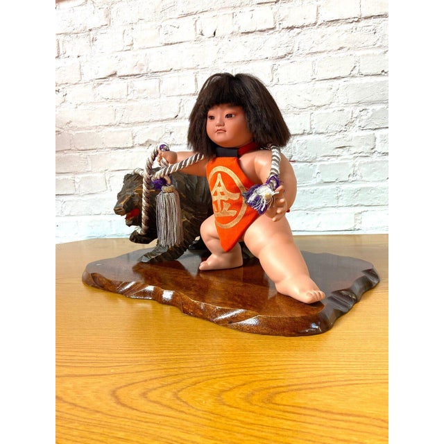 Mid-Century Modern Vintage Japanese Kintarō Doll with Carved Wooden Bear, 1970s For Sale - Image 3 of 12