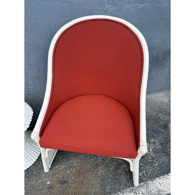 These are rattan pencil reed chairs. They are in good condition, some wear consistent with age.