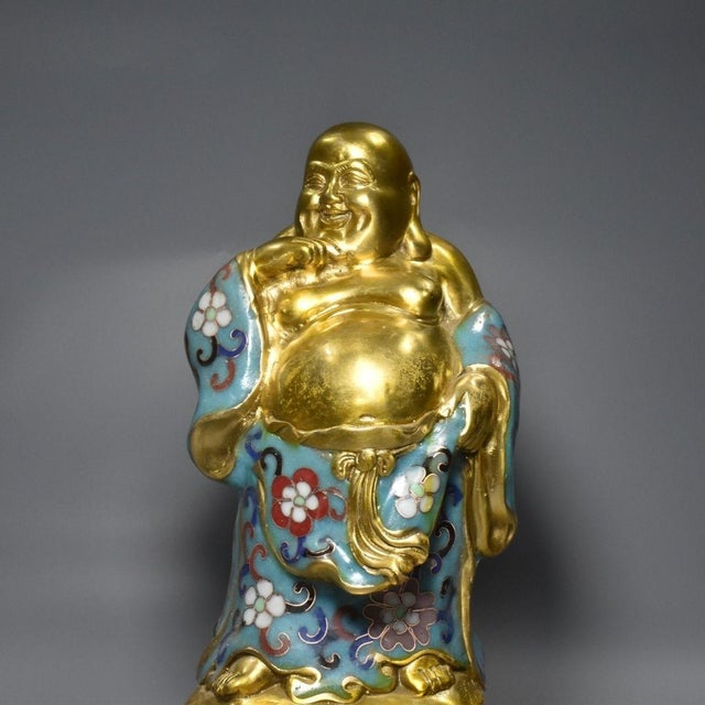 Late 20th Century Cloisonné Enamel Laughing Buddha Standing Figurine, Gilded Copper Floral Statue For Sale In Los Angeles - Image 6 of 9