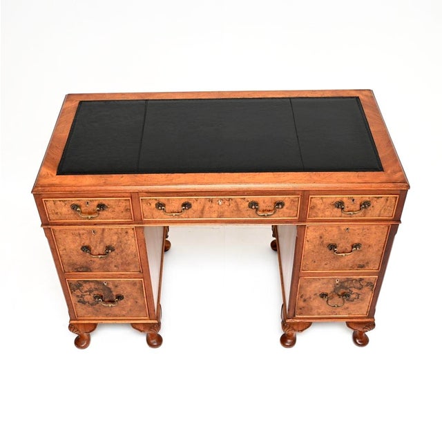 1930s Antique Burr Walnut Pedestal Desk with Leather Top, 1930 For Sale - Image 5 of 9