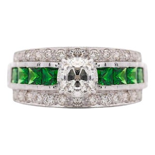 1.48 Carat Old Cut Diamond and Tsavorite Vintage Art Deco Filigree Ring, Size 8 For Sale