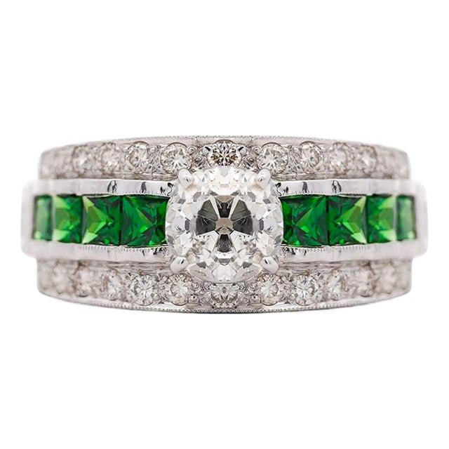 1.48 Carat Old Cut Diamond and Tsavorite Vintage Art Deco Filigree Ring, Size 8 For Sale
