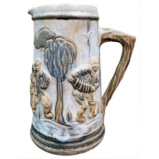 1920's Belgian Art Pottery Village Motif Pitcher Signed P. Biron For Sale