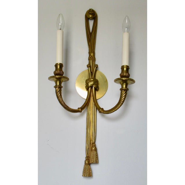 Vintage French 19th. Century Louis XVI Style Bronze Twin-Arm, Rope & Tassel Ormolu Wall Lighted Sconces -Pair For Sale - Image 9 of 17