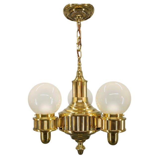 Art Deco Brass and Opaline Glass Chandelier, Czechoslovakia, 1930s For Sale - Image 12 of 12