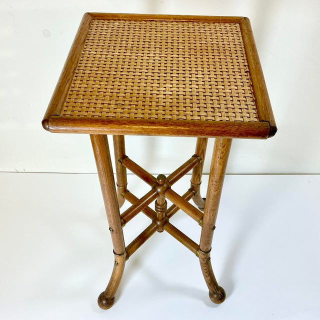 1950s Vintage Arts & Crafts Boho Chic Oak, Cane & Brass Stick & Ball Drinks Table For Sale - Image 10 of 13