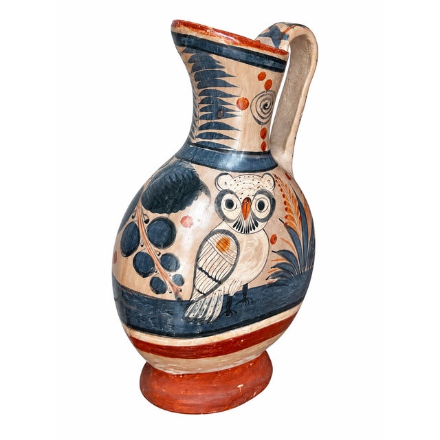 Mexican Mexican Folk Art Hand-Painted Owl and Floral Pottery Pitcher For Sale - Image 3 of 14