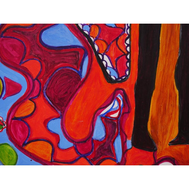 Abstract Richard Antilhomme Red & Blue Abstract Figurative Painting with Four Figures and Botanical Elements, Late 20th Century For Sale - Image 3 of 12