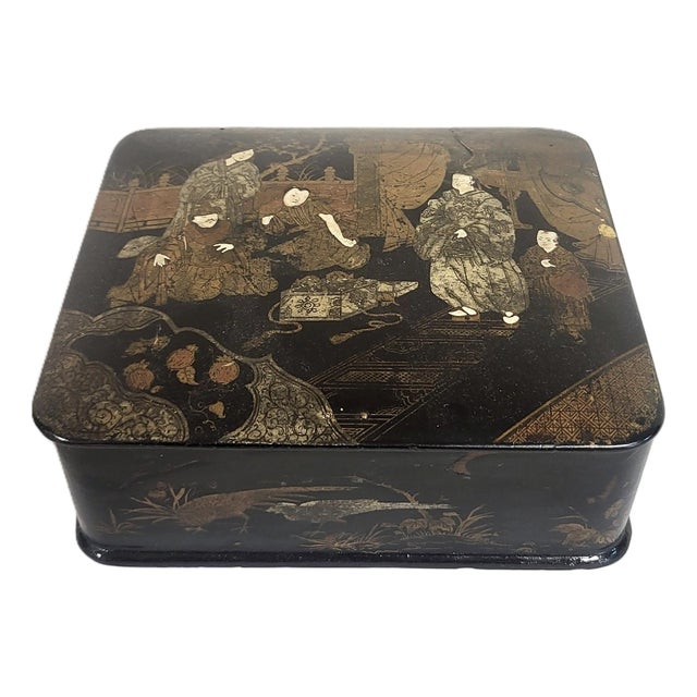 Antique Japanese Black Lacquered Chinoiserie Gilt Painted Jewelry Box For Sale