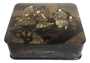 Antique Japanese Black Lacquered Chinoiserie Gilt Painted Jewelry Box