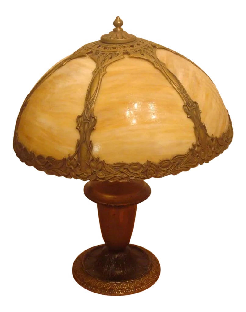 Vintage Amber Slag Glass Table Lamp With Ornate Metal Base