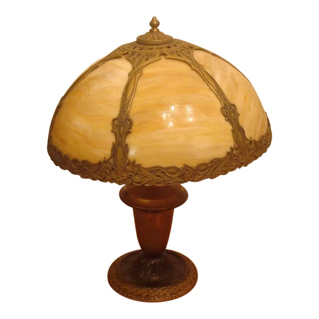 Vintage Amber Slag Glass Table Lamp With Ornate Metal Base For Sale