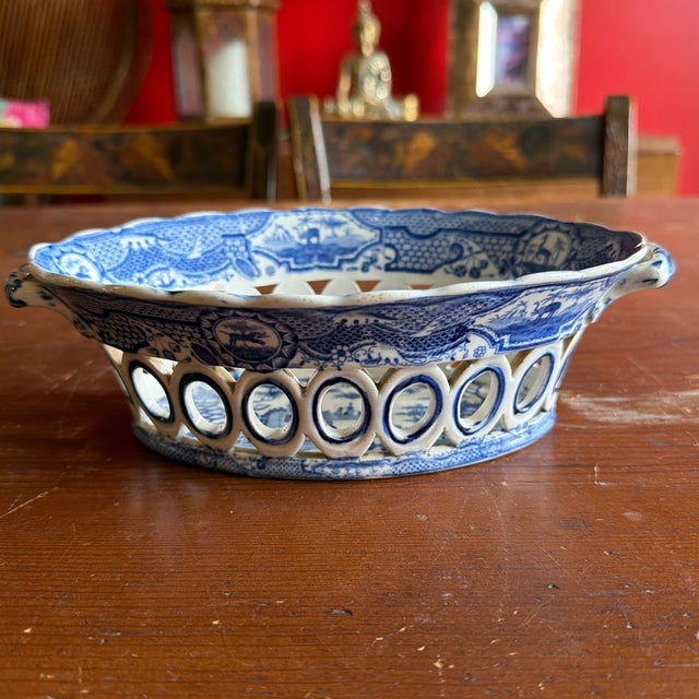 Antique Staffordshire Pearlware Blue Transfer "Gothic Castle" Chestnut Basket, Attributed to Spode, Circa 1820s For Sale - Image 11 of 12