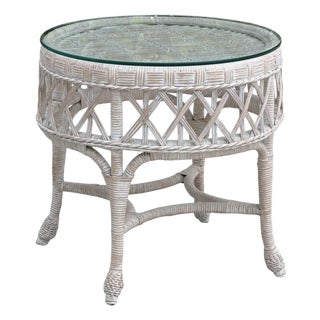 Vintage Whitewashed Rattan Petite Center Table With Thick Glass Top For Sale