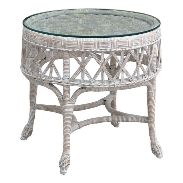 Vintage Whitewashed Rattan Petite Center Table With Thick Glass Top For Sale