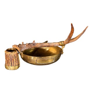 Antique Brass and Antler Cigar Ashtray Catchall Black Forest Hunting Lodge Style For Sale