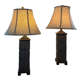 Attributed to Uttermost Carved Wood Table Lamps W/ Shades (32"h) - a Pair For Sale