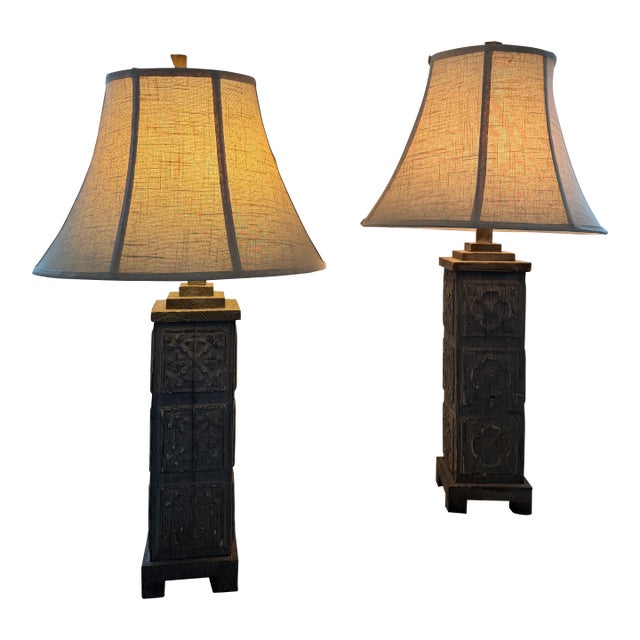 Attributed to Uttermost Carved Wood Table Lamps W/ Shades (32"h) - a Pair For Sale