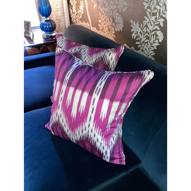 Pair of 20" Custom Pillows in Schumacher Bukhara Ikat Fuchsia, Pattern 176082 For Sale - Image 18 of 18
