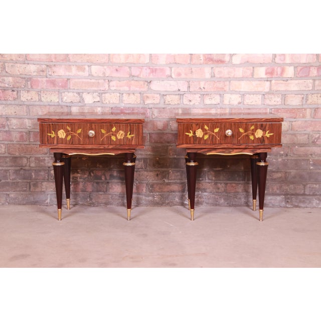 A gorgeous pair of mid-century modern or Art Deco style nightstands or end tables France, Circa 1950s Macassar ebony wood,...