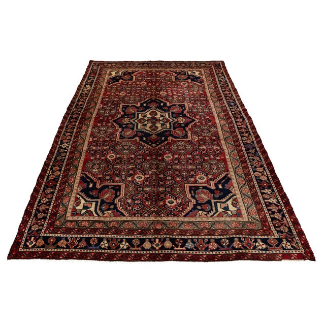 Traditional Vintage Hamadan Hand-Knotted Wool Rug With Geometric Medallion – Red & Navy For Sale - Image 3 of 9