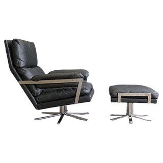 Set of Vintage Black Leather Lounge Chair and Ottoman Set by Arne Norell for Vatne Lenestolfabrikk, 1960s For Sale