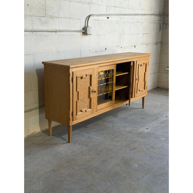 Vintage Danish Oak Sideboard Cabinet in Style of Henning, Brutalist Leaded Glass Credenza For Sale - Image 9 of 10