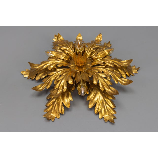 Gilt Metal Leafed Sunburst-Shaped Four-Light Flush Mount, 1970s For Sale - Image 9 of 18